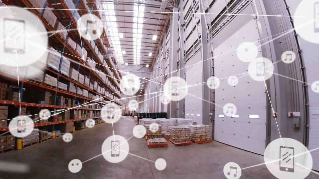animación de redes de conexiones con iconos sobre el almacén