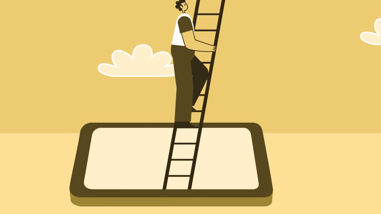 노란색 스타일의 남자 평평한 캐릭터는 스마트폰에서 사다리를 올라갑니다. 알파 채널과 함께 고립된 루프 애니메이션