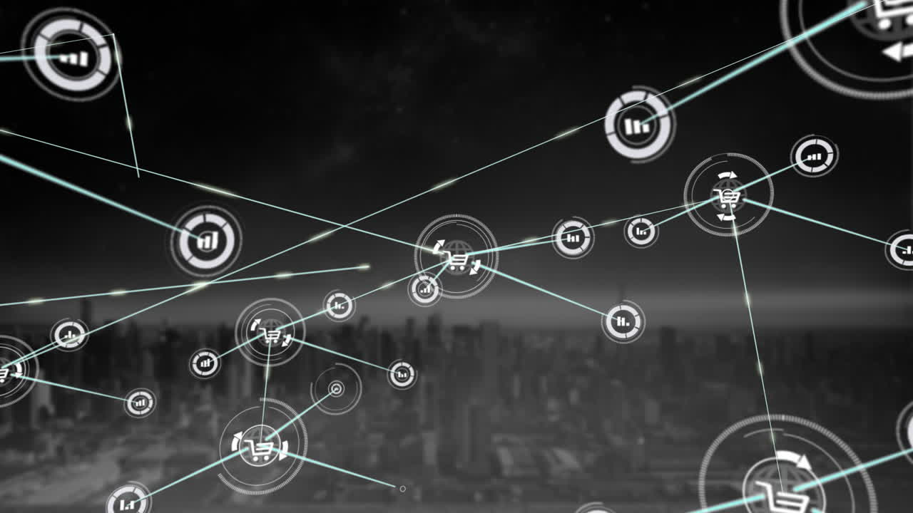도시 풍경 위의 아이콘으로 연결된 네트워크의 애니메이션
