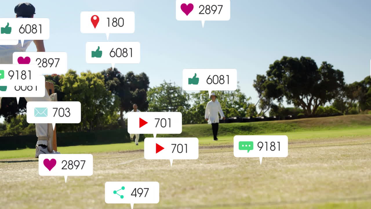 필드에서 다양한 크리켓 선수에 대한 디지털 데이터 처리의 애니메이션