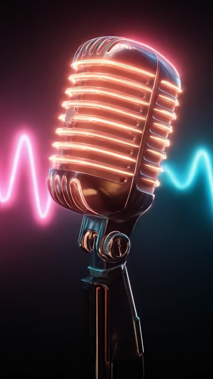 Un microfono retrò con bagliore al neon e vivaci onde sonore che trasformano l'espressione audio moderna in un'atmosfera elettrizzante.