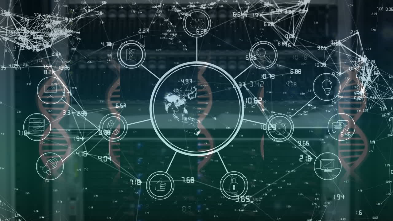 dna 가닥 위에 아이콘으로 연결된 네트워크의 애니메이션