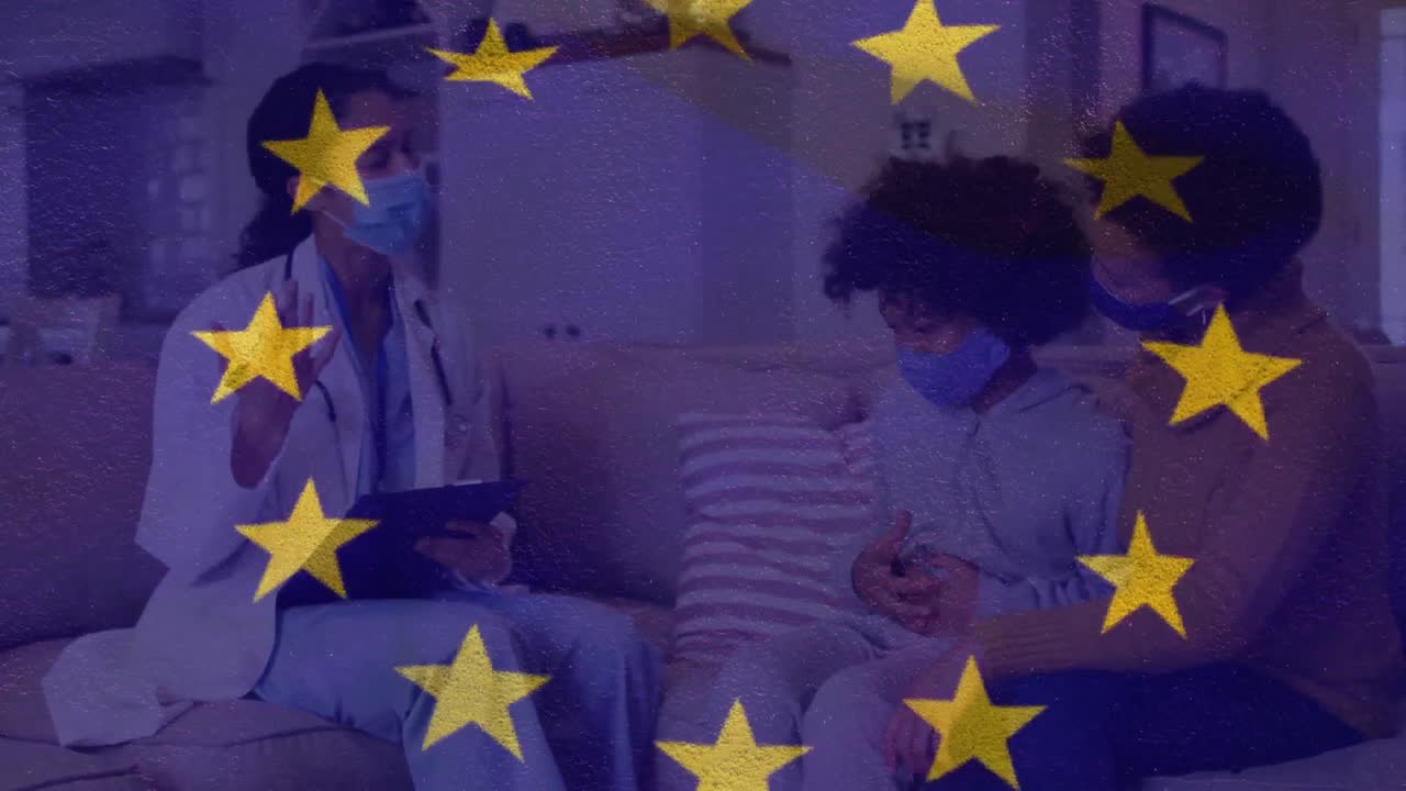 animación de la bandera de la unión europea con un médico enmascarado visitando a la madre y el niño en casa