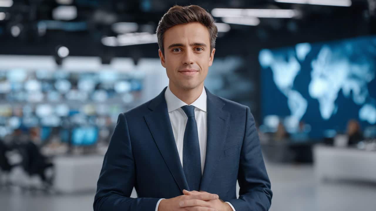 Professional Male News Anchor Presenting in a Modern Broadcast Studio with Multiple Screens and a World Map Visible in the Background