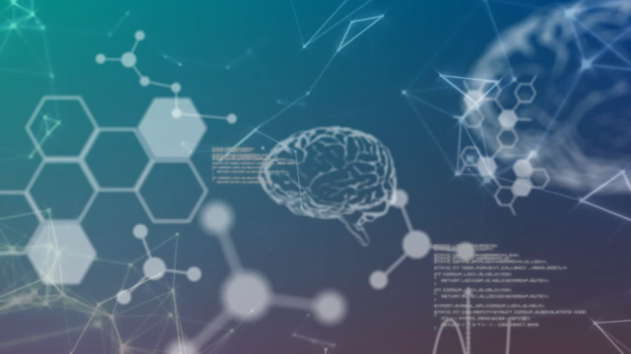 Animation de traitement de données scientifiques et de cerveaux humains sur des connexions sur fond bleu.