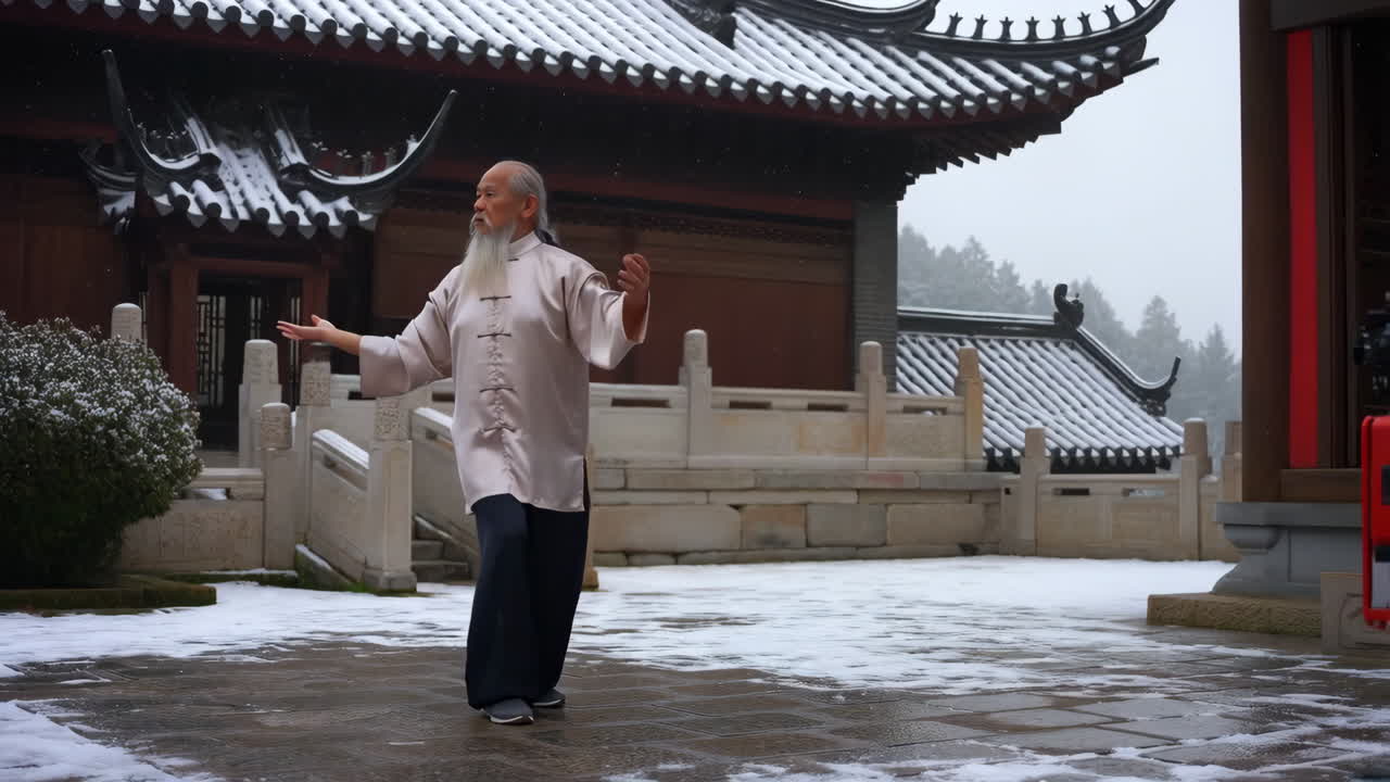 Elderly Man Practices Tai Chi in Snowy Temple Courtyard