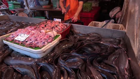 vibrant fish market with active vendor