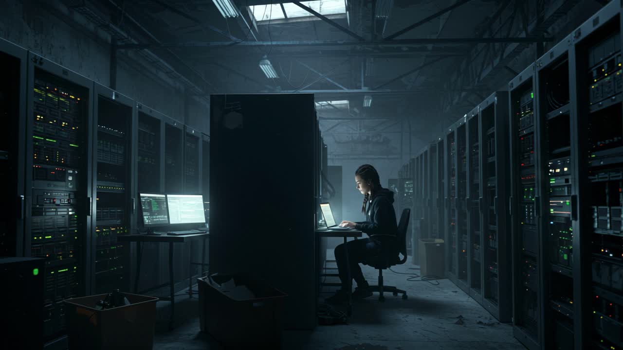 Dedicated hacker works late at night in an underground data center surrounded by servers and dim lighting