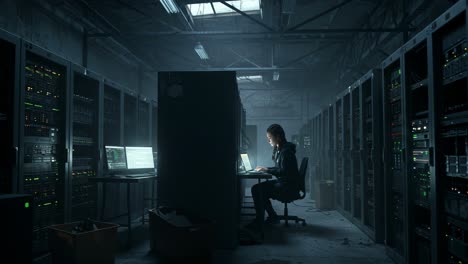 dedicated hacker works late at night in an underground data center surrounded by servers and dim lighting