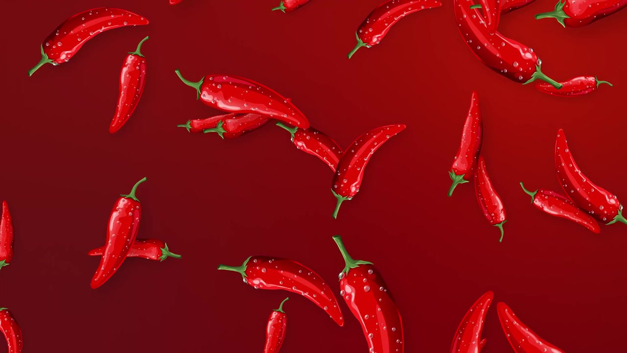 Fresh red chili peppers fall and tumble across a matching red mesh background in slow-motion.