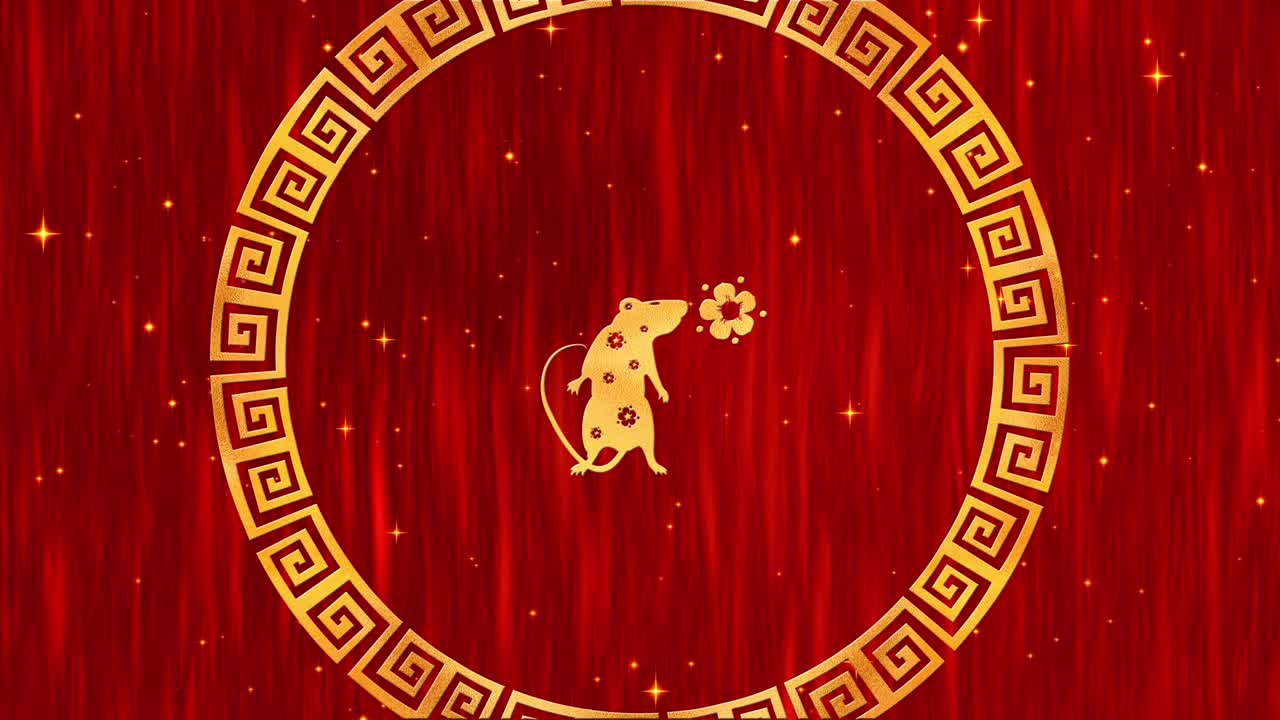 fondo de año nuevo chino rojo con oro, rata, fuegos artificiales, 3d rendering bucle 4k. mágica feliz año nuevo animación