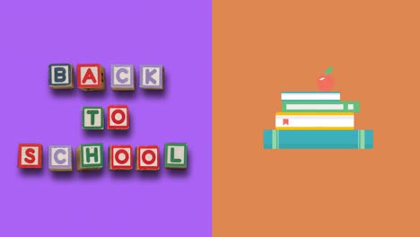 Back-to-school-on-blocks-and-stack-of-books-against-purple-and-orange-background