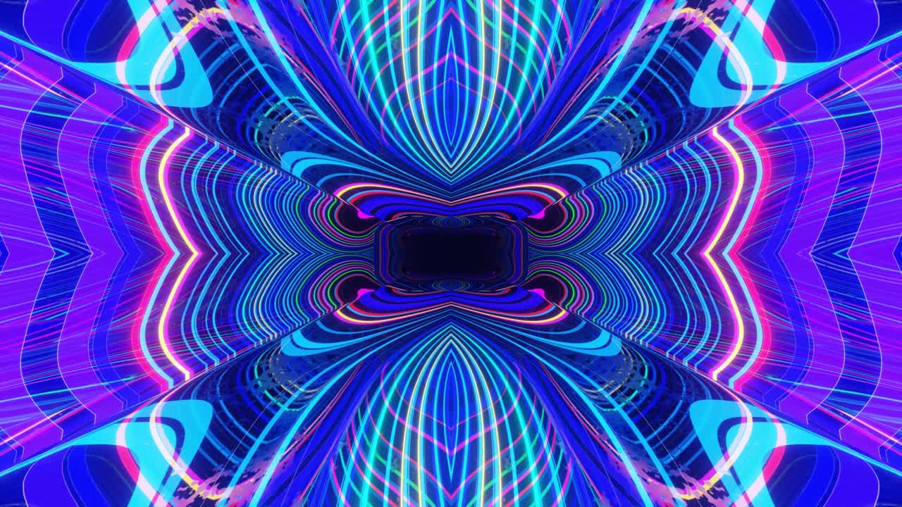 animación en bucle sin costuras de 4k. vuela a través de un túnel simétrico de espejo con patrón de neón, patrón de brillo de ciencia ficción. luz de neón de reflexión brillante. fondo brillante simple, estructura de ciencia ficción