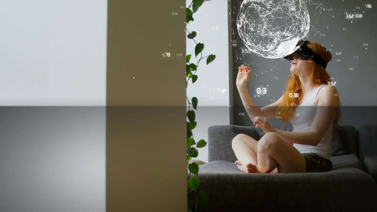 animación del globo con red de conexiones sobre la mujer usando auriculares vr