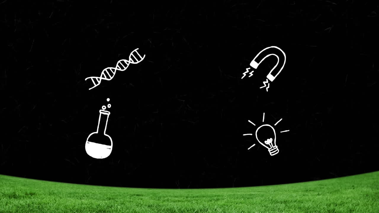 Animazione di icone scientifiche su sfondo nero