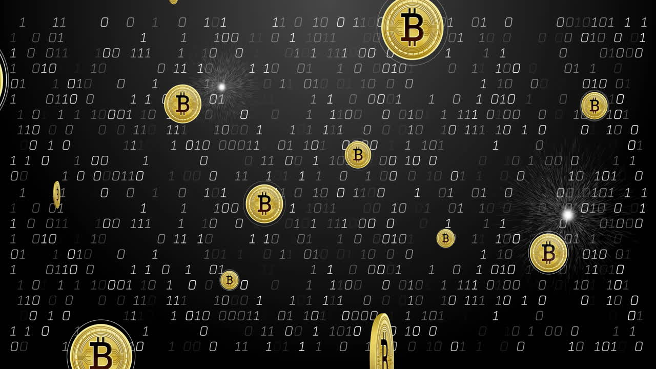 Bitcoin symbols with binary code animation over dark background