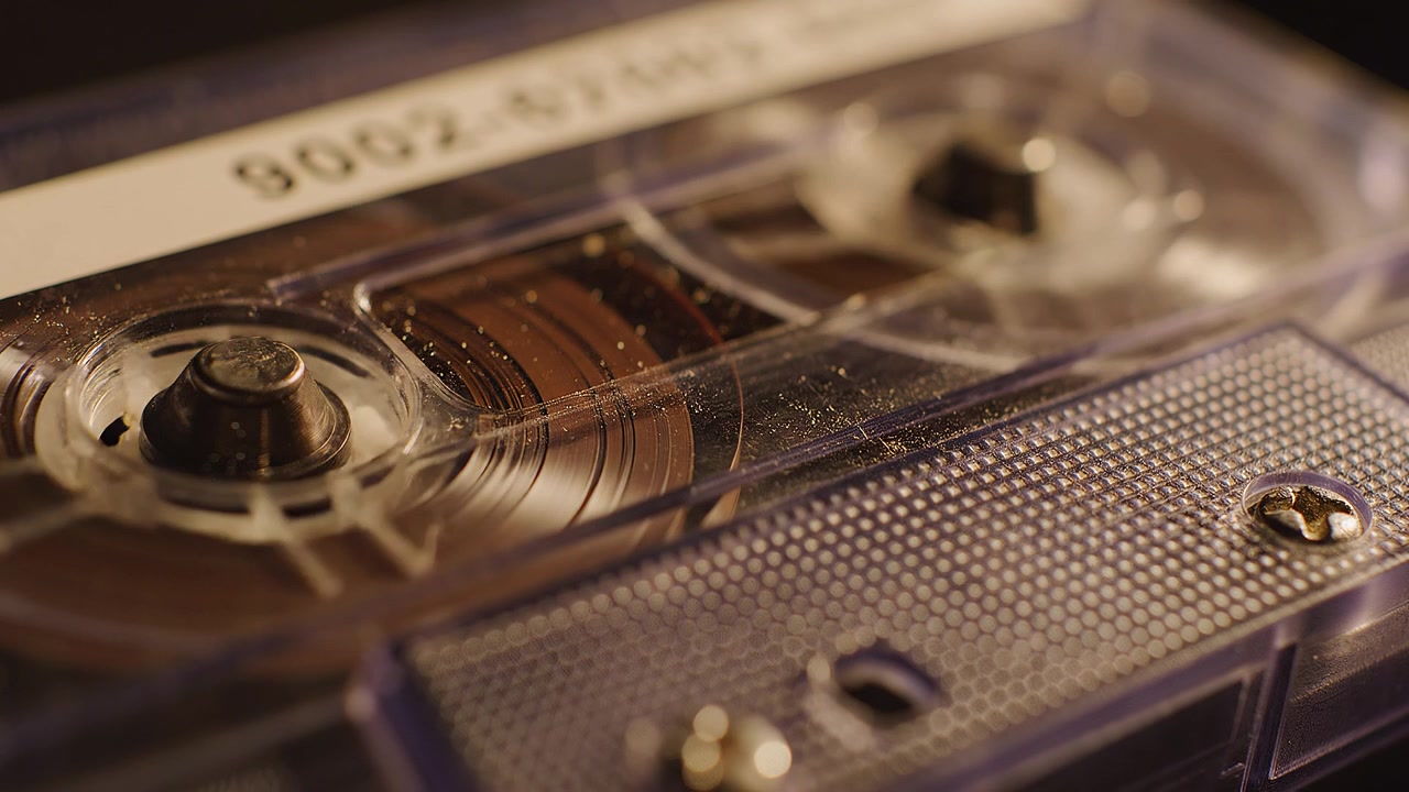 Close-Up Macro View of a Vintage Clear Cassette Tape
