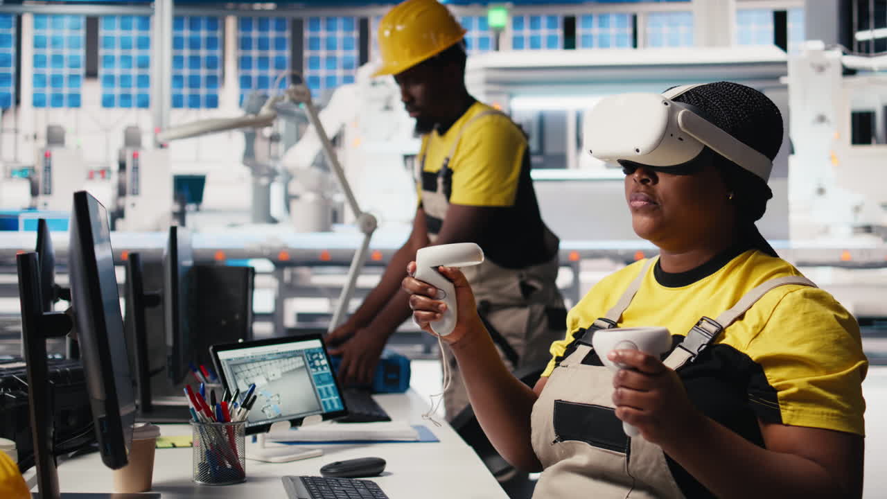 Vertical Video Black engineer in photovoltaics factory uses virtual reality equipment