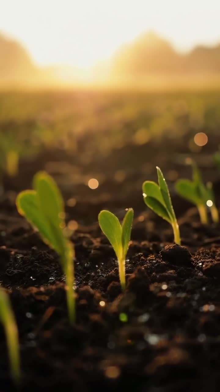 Close-up de vídeo de mudas em foco suave, ângulo baixo, capturando a luz do nascer do sol e o crescimento