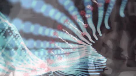 animation of dna strand spinning over people walking in fast motion