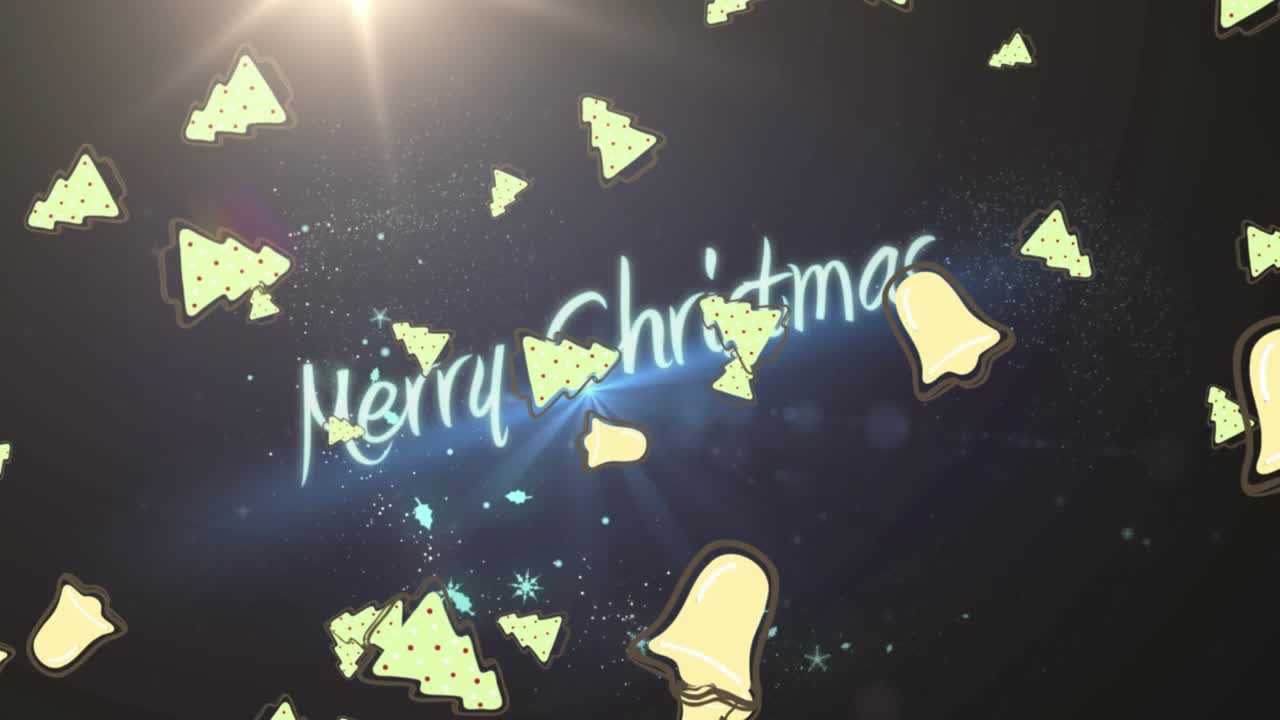 メリークリスマスというテキストバナーと光のスポットの上にクリスマスツリーのアイコンが降るアニメーション