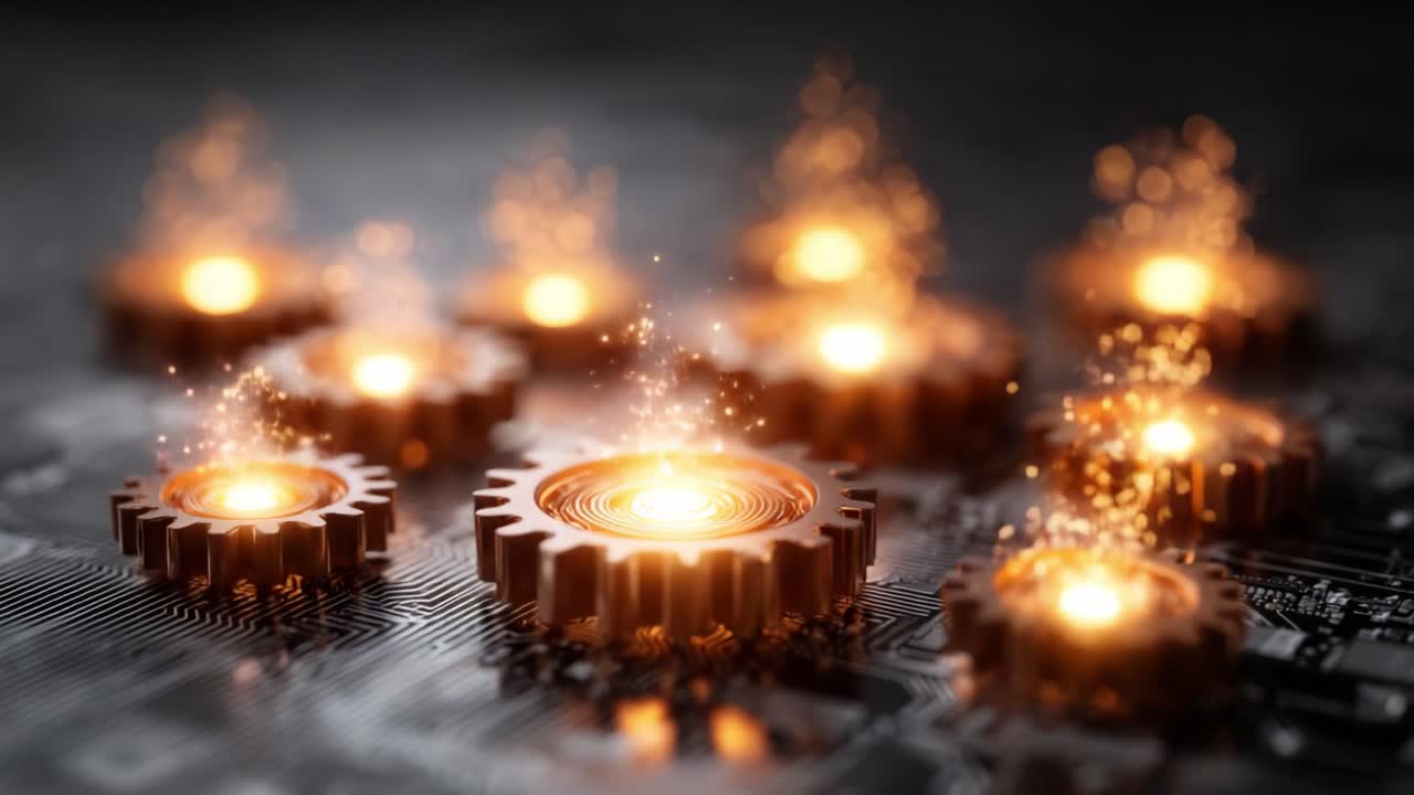 A Captivating Display of Gears with Glowing Centers Surrounded by Sparkling Particles, Merging Technology and Mechanical Aesthetics in a Striking Visual