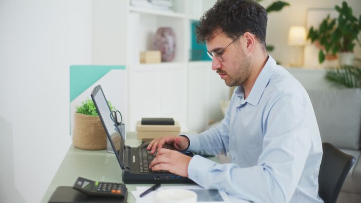 Man Works Remotely on Laptop