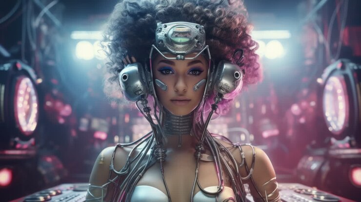 Donna robot con IA e acconciatura afro