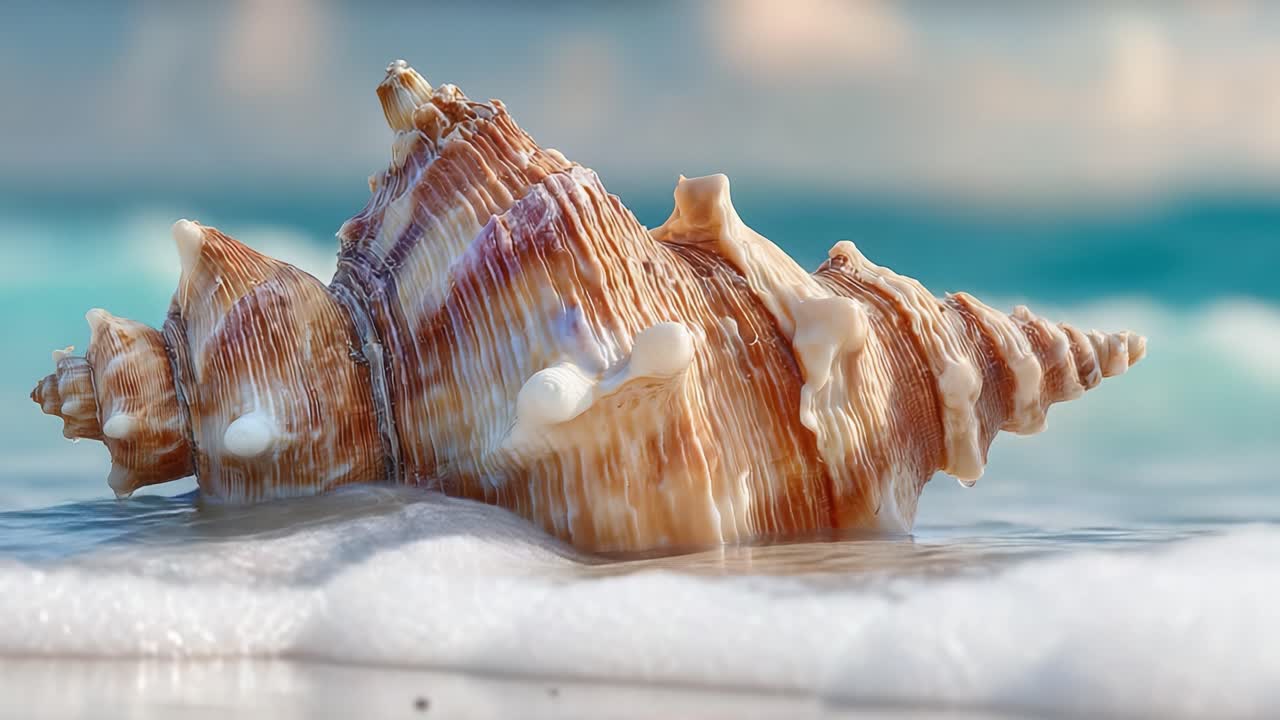 A Beautiful Shell in Gentle Ocean Waves: Capturing the Natural Elegance of a Conch Shell as it Rests Serenity on the Shore While Waves Gently Linger Around