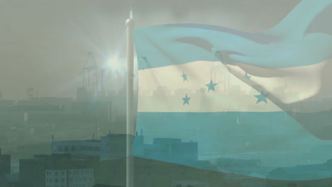 waving honduras flag over cityscape with cranes and buildings, animation theme
