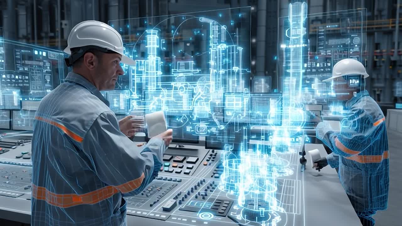 Insinyur memantau teknologi canggih di ruang kontrol pabrik