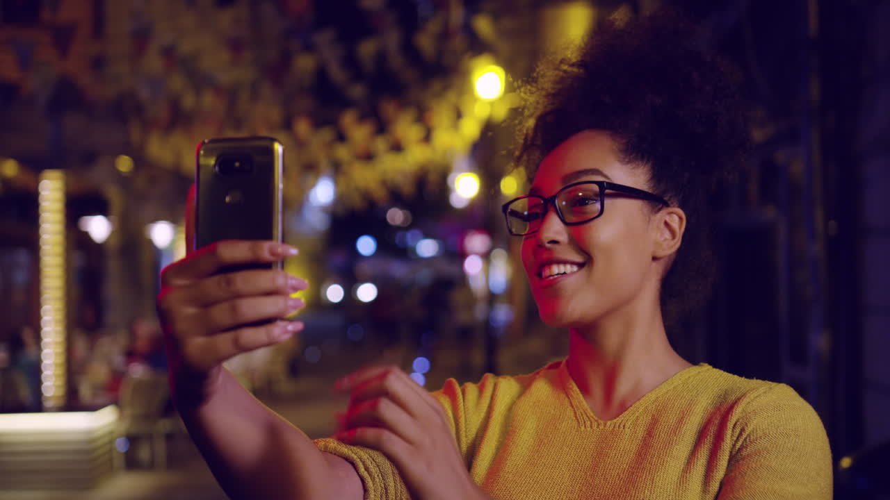 Night City Selfie Young Woman Smiling