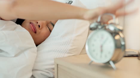 alarm clock, morning and tired woman frustrated