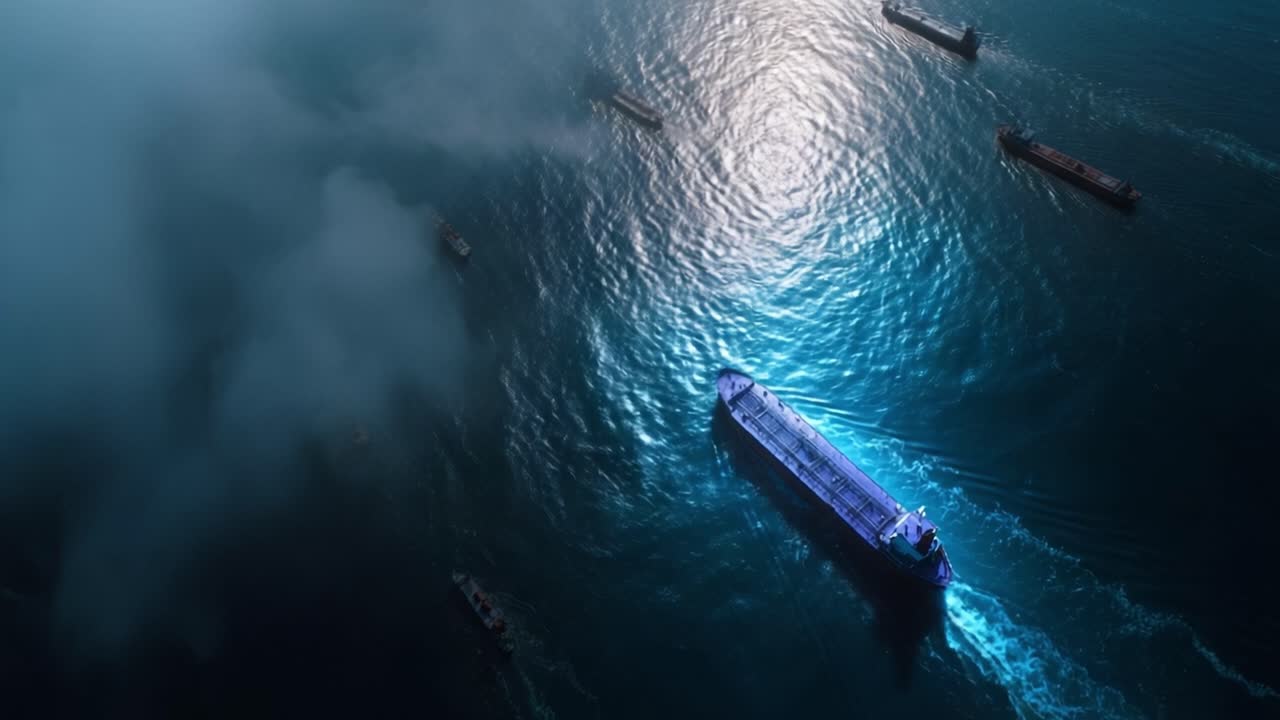 Pemandangan udara kapal kargo besar bergerak melalui perairan laut berkabut di bawah cahaya bulan. Kapal meluncur tenang, meninggalkan jejak putih di belakangnya. Kabut melayang di atas air. Adegan ini membangkitkan suasana yang tenang.