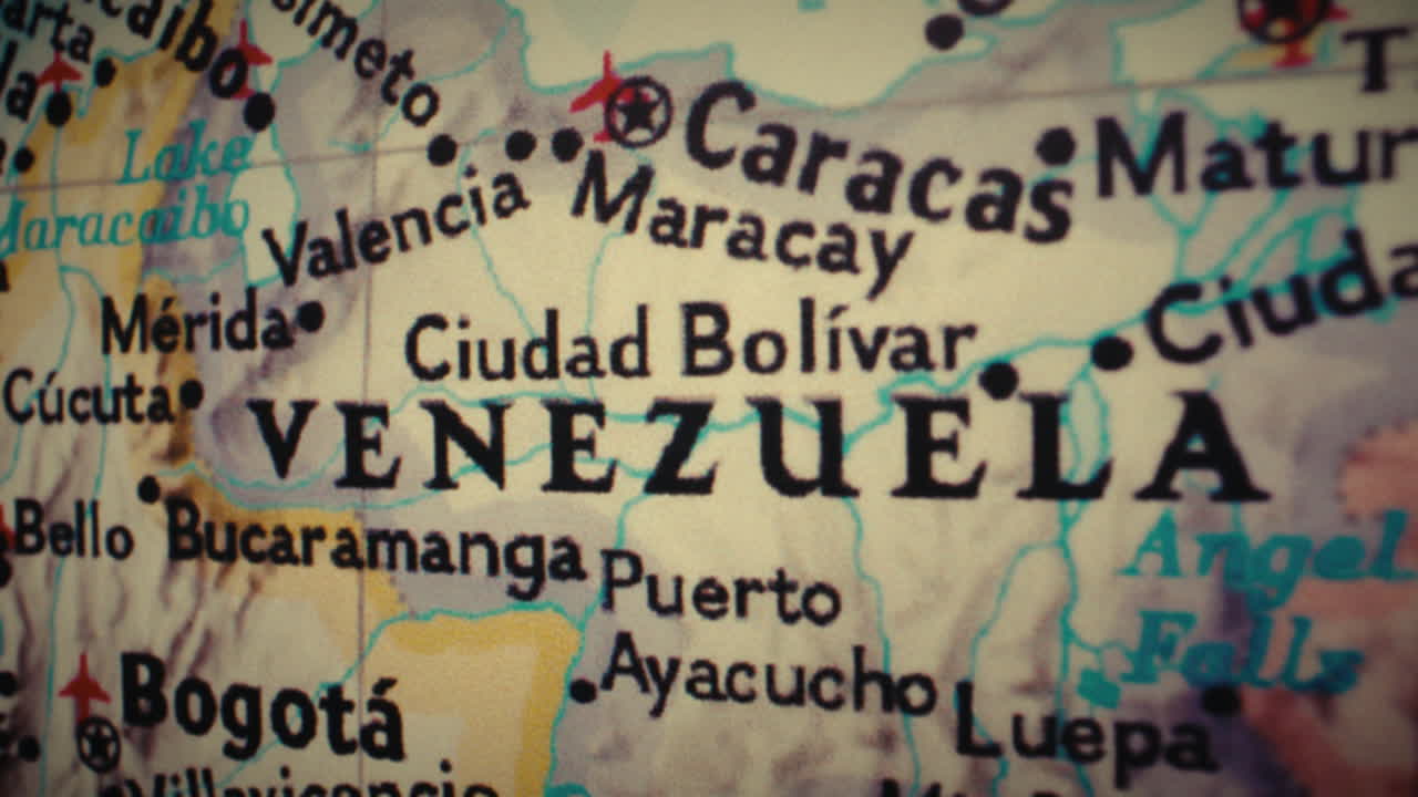 Close-up view of a map showing Venezuela and surrounding South American countries