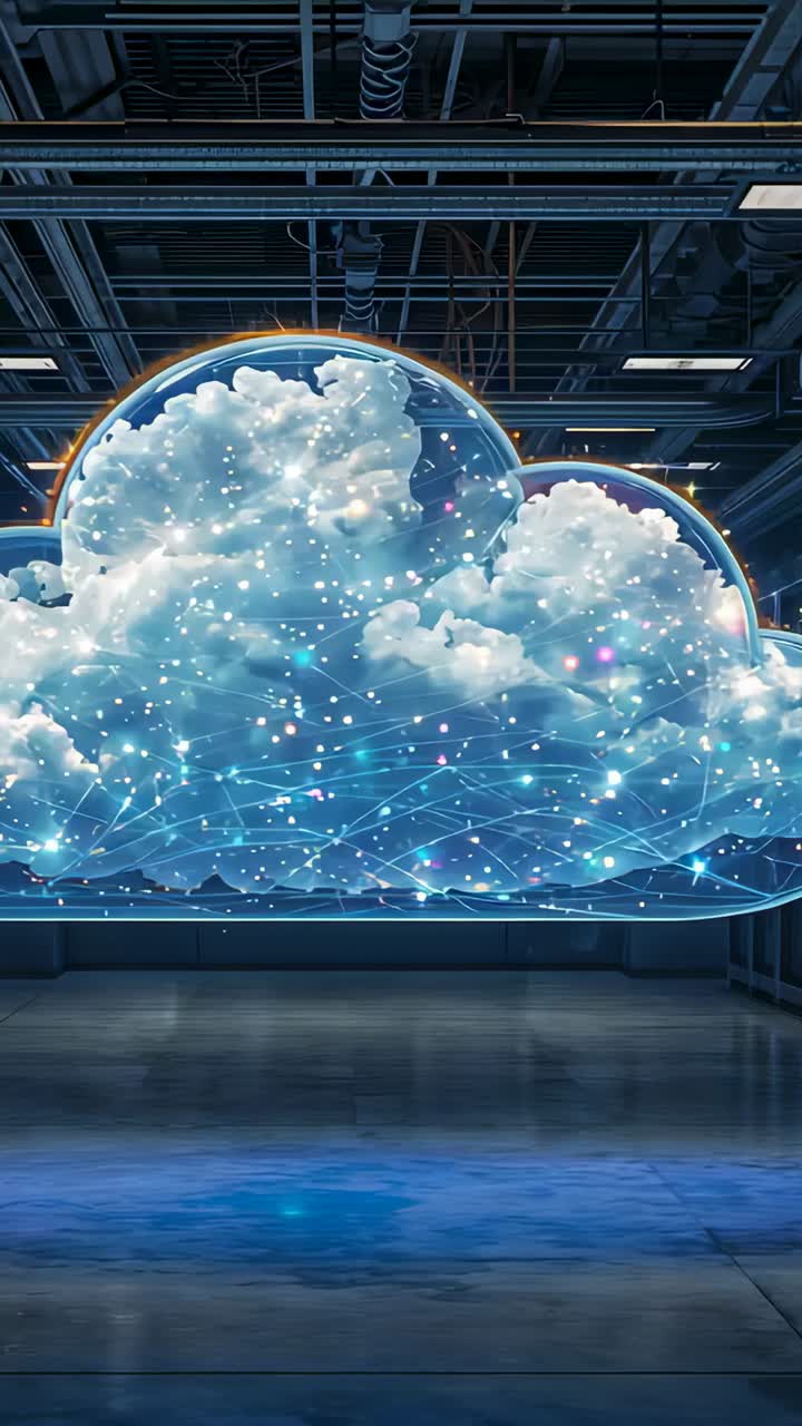 Vertical video: Activating cloud hologram drifting right in tech room, pulsing orange rim and nodes