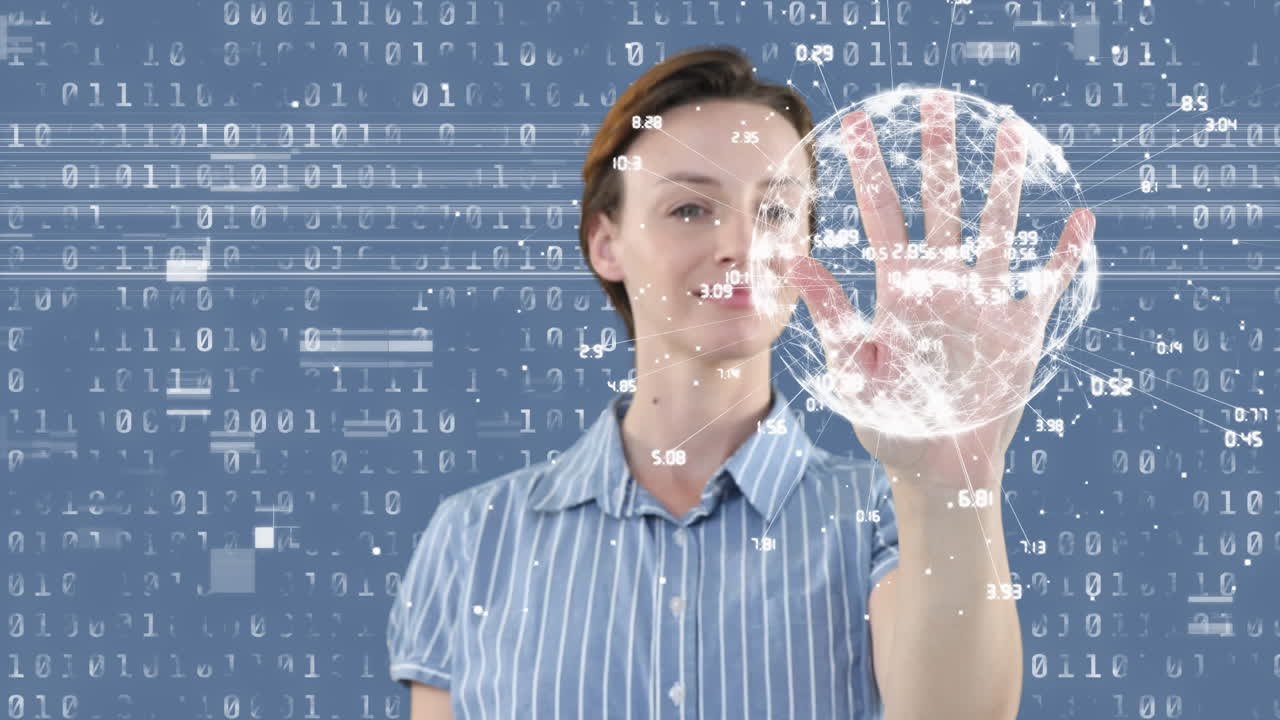 анимация кавказца, касающегося глобуса с сетью соединений, связывающих числа