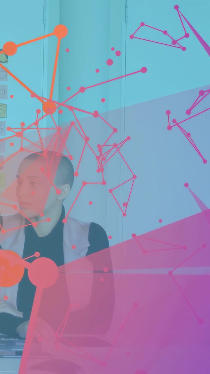 Vertical video: Woman sitting at desk using mouse, node overlay sliding from left, showing tech