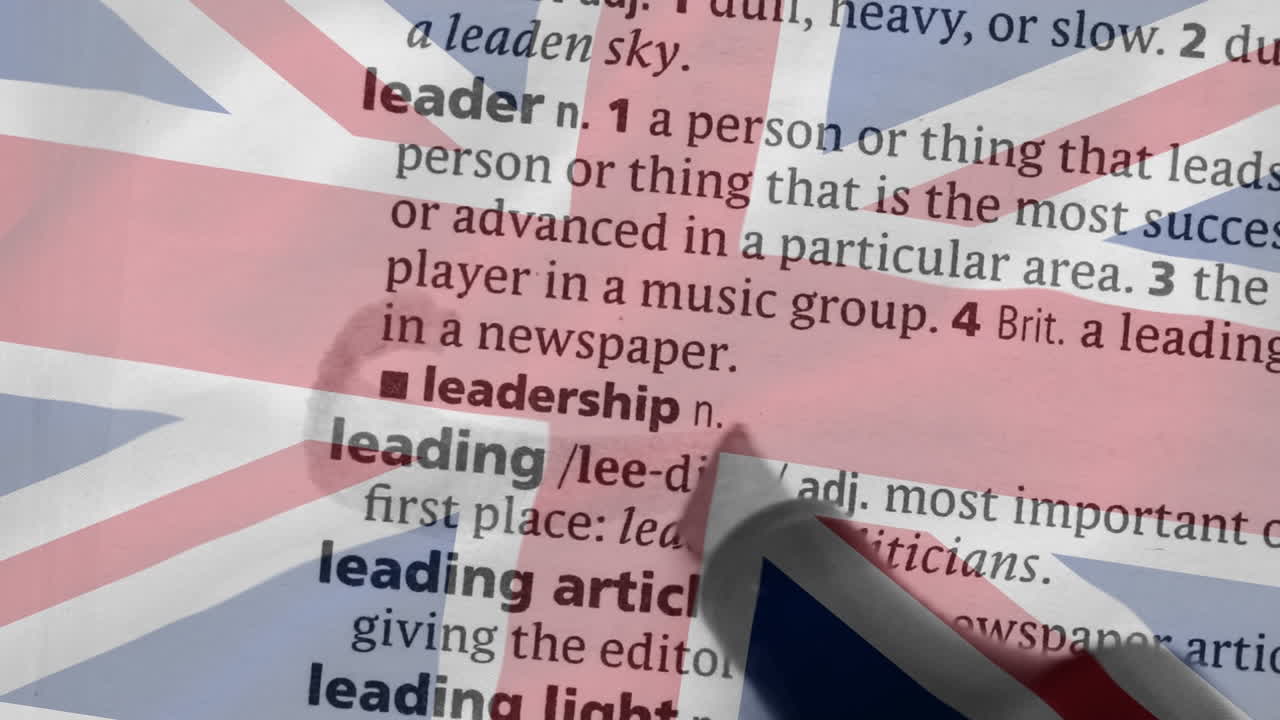 Animation of circling word in text over uk flag