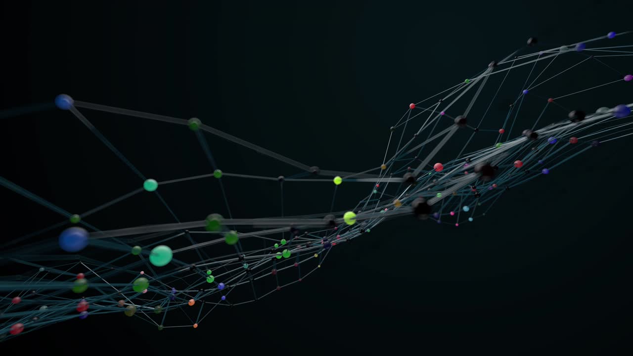3d render of morphing wireframe model with colorful spheres on it.