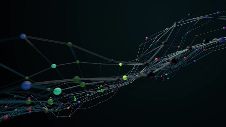 3d render of morphing wireframe model with colorful spheres on it.