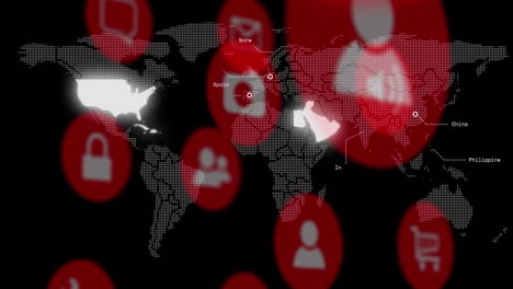 animación de iconos de medios sobre el mapa del mundo