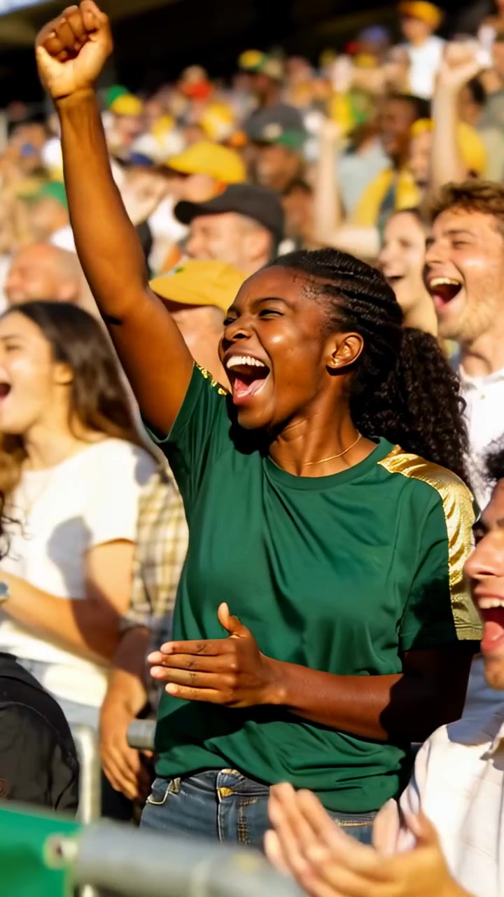 Vertical video: Cheering after team score, fan in green shirt clapping, raising arm at stadium rail
