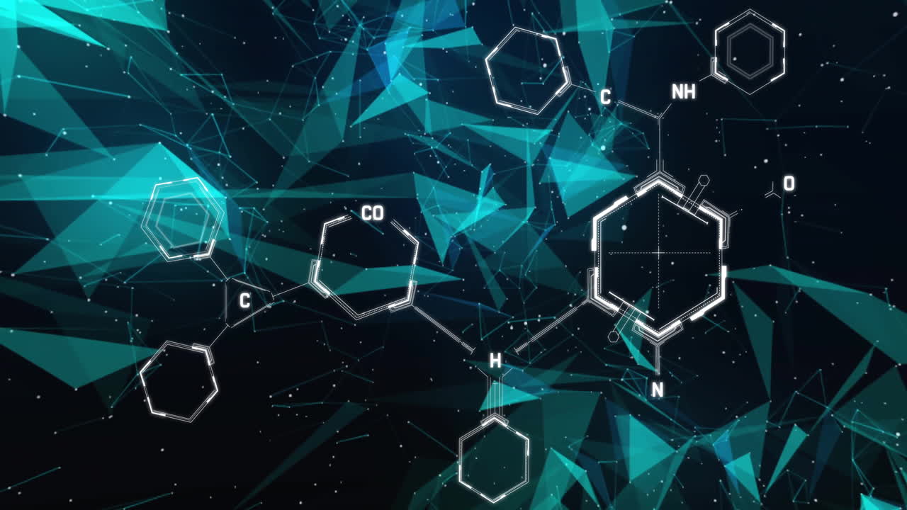 Animation of chemical formula over shapes on black background