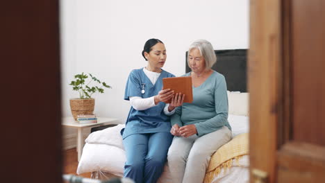 tablet, nurse and senior woman on video call