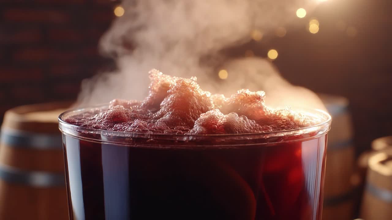 A Close-Up View of a Steaming Glass of Dark Beverage with Bubbling Foam, Surrounded by Wooden Barrels and Soft Glowing Lights in the Background