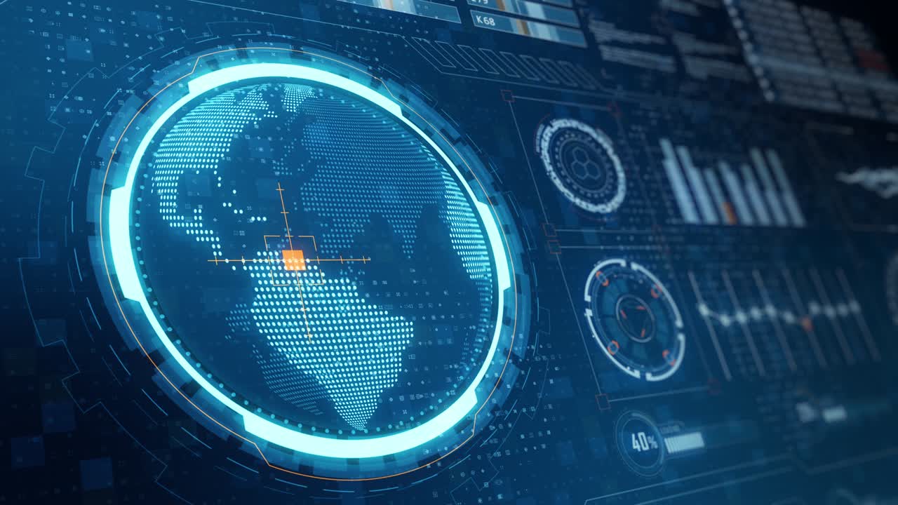 Motion graphic of searching point on blue earth with futuristic head up display ( HUD UI ) technology interface screen and chat panel