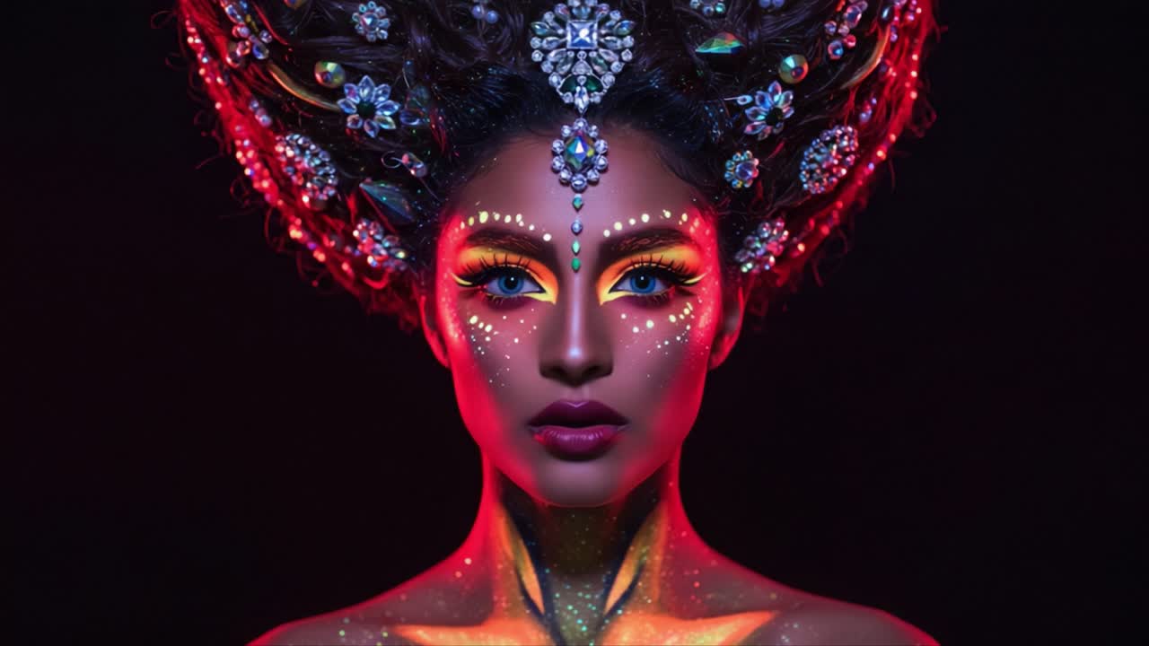 Bellezza accattivante: uno splendido ritratto di una modella con trucco artistico sul viso e un'elaborata acconciatura, illuminato da luci vibranti e dettagli intricati.