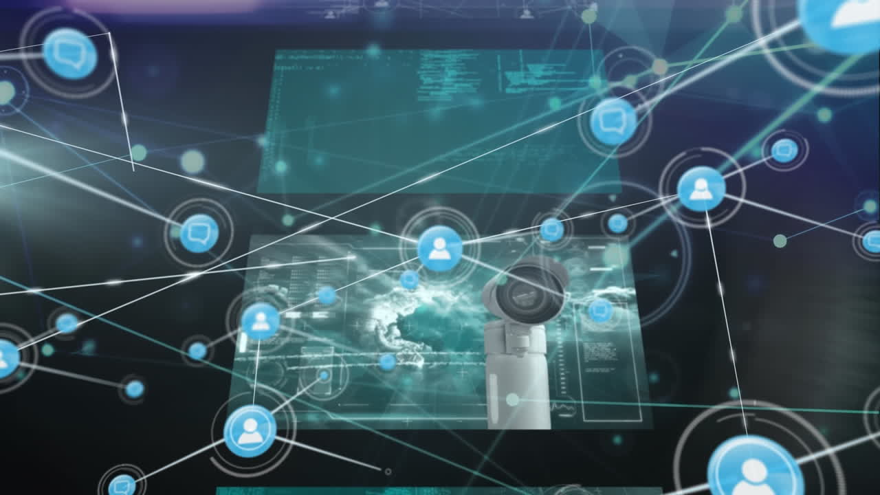 animación de la red de conexiones con iconos y procesamiento de datos sobre fondo negro