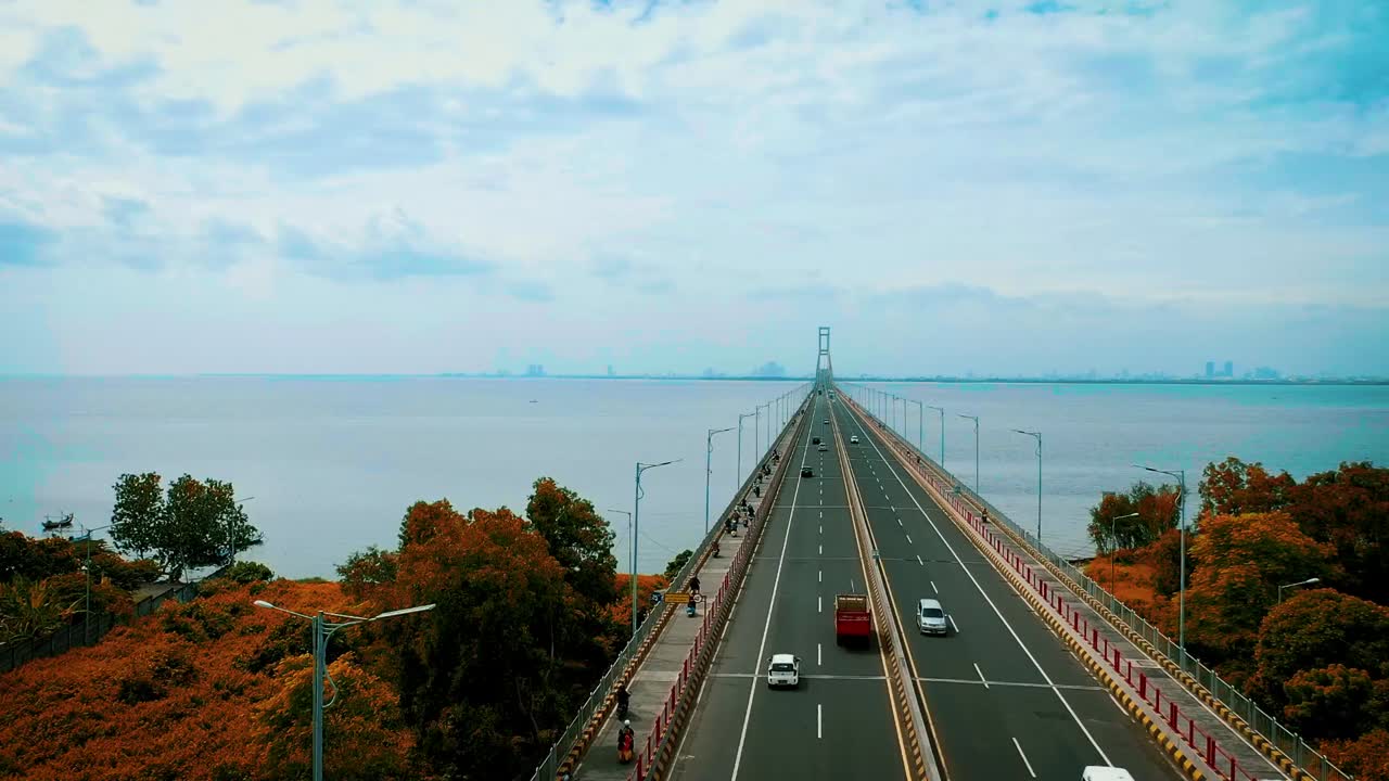 Aerial drone view of long bridge stretching over calm water with autumn colored trees and distant city skyline near Benoa Harbour, capturing wide coastal scene and smooth traffic flow in Bali